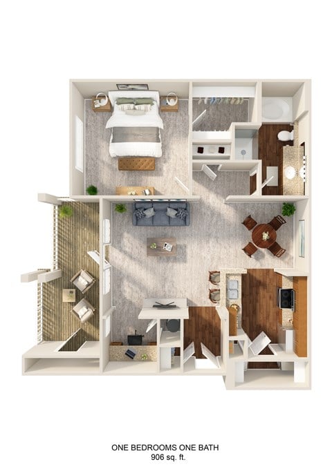 Floor plan for 1 bed, 1 bath, 906 sqft